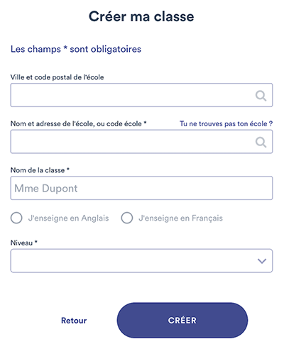 Formulaire de création de la classe, avec une case à cocher devant 'J'enseigne en anglais' ou 'J'enseigne en français'.