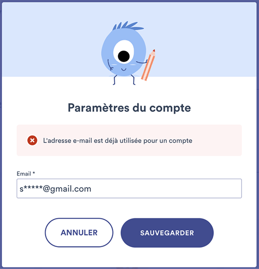 Un bandeau rouge s'affiche au-dessus de l'adresse email et indique que l'adresse e-mail est déjà utilisée pour un autre compte Lalilo.