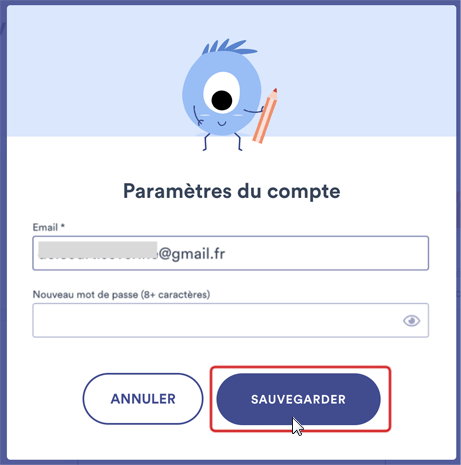 Dans le premier champ, supprimer son adresse mail et entrer la nouvelle, puis cliquer sur le gros bouton bleu 'Sauvegarder' en bas à droite