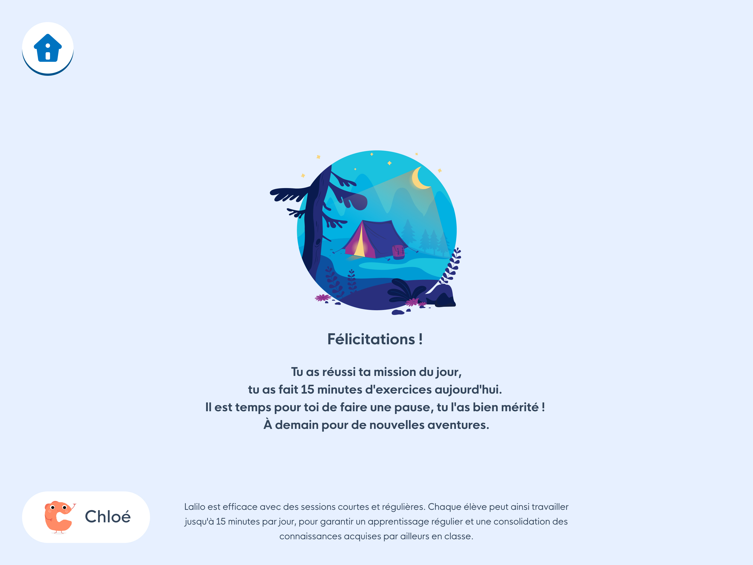 Sur l’interface élève, une page s’affiche pour expliquer à l’élève qu’il a dépassé les 15 minutes.