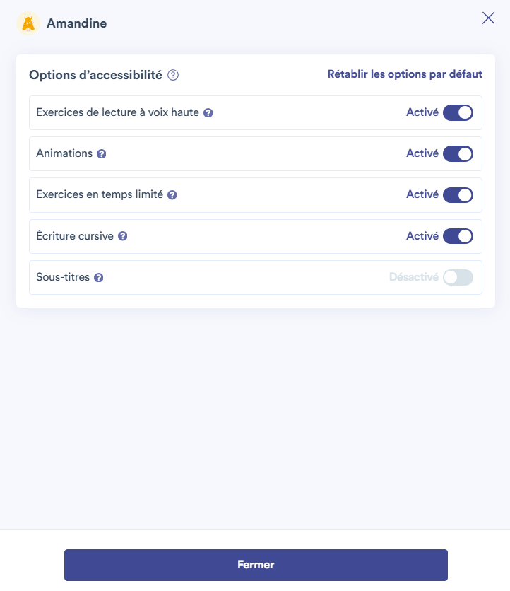 Panneau latéral listant les options d'accessibilité et permettant de les activer ou désactiver.
